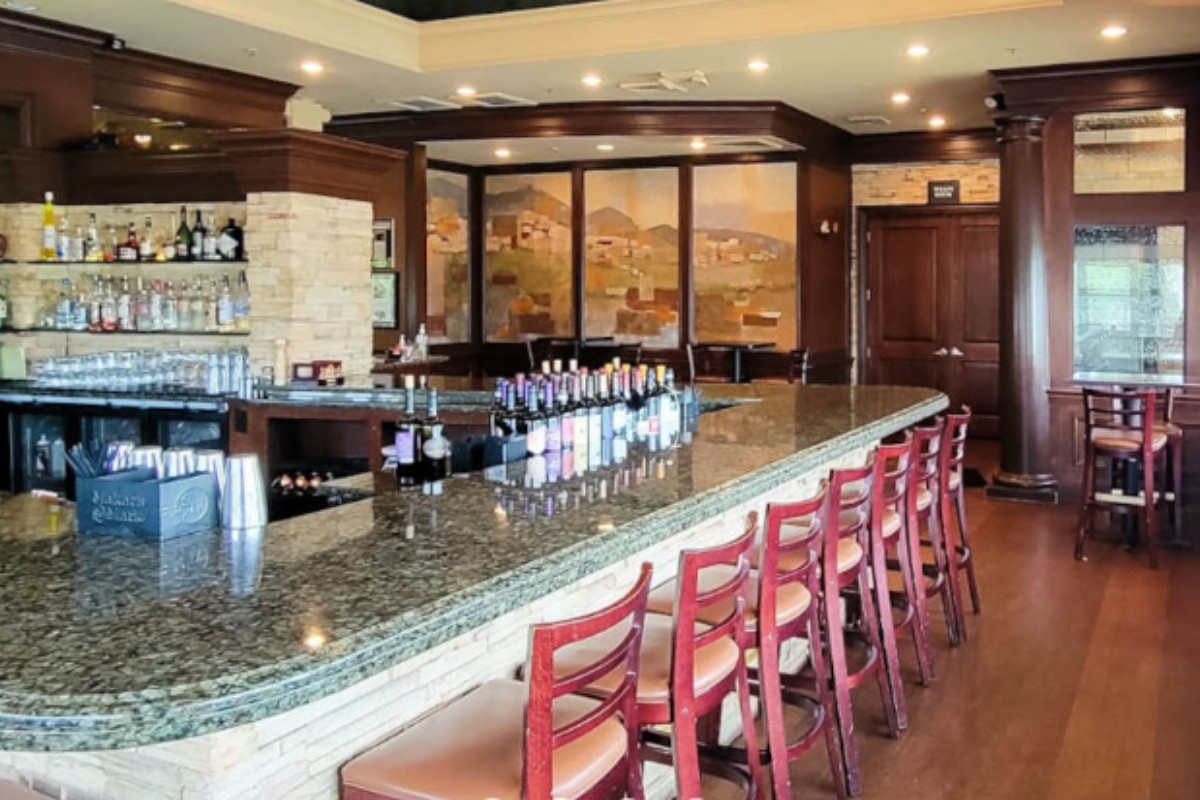 Upscale restaurant bar area with granite countertops and leather stools at Vittoria.