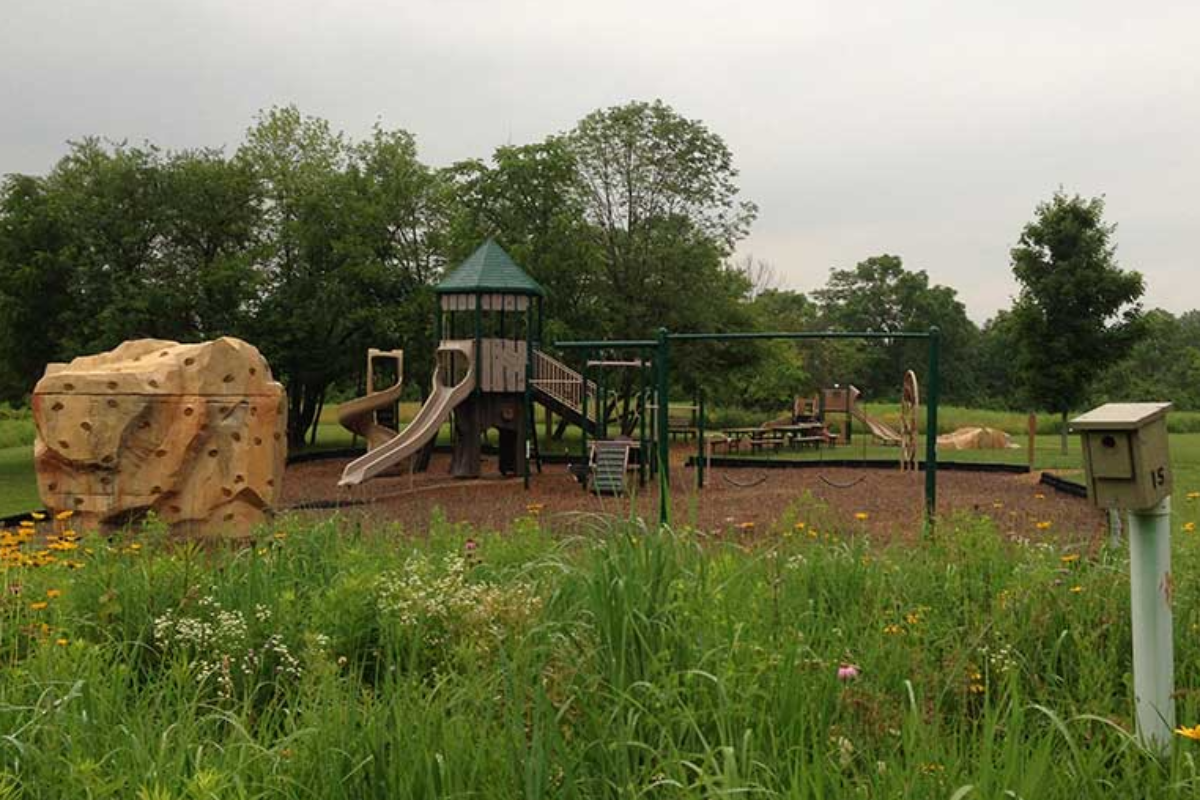 Playground at Seldom Seen Park in Powell, Ohio, featuring a climbing rock, slides, and wildflower meadows.