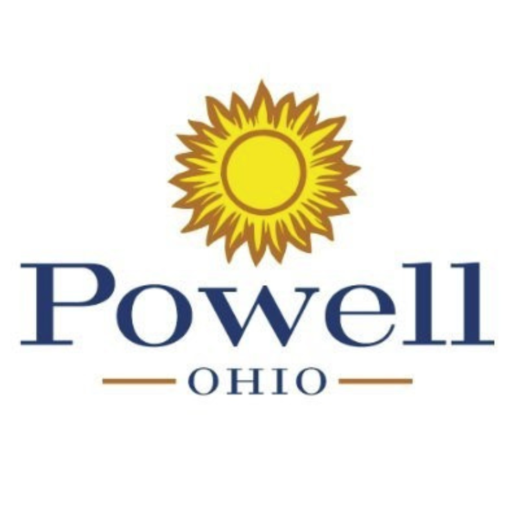 Official City of Powell Ohio logo featuring a yellow sunflower icon above blue serif text.