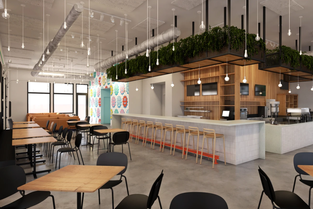 Industrial-chic interior of Standardized Brewing showing a long white bar, wooden accents, and hanging greenery at Evan's Farm.