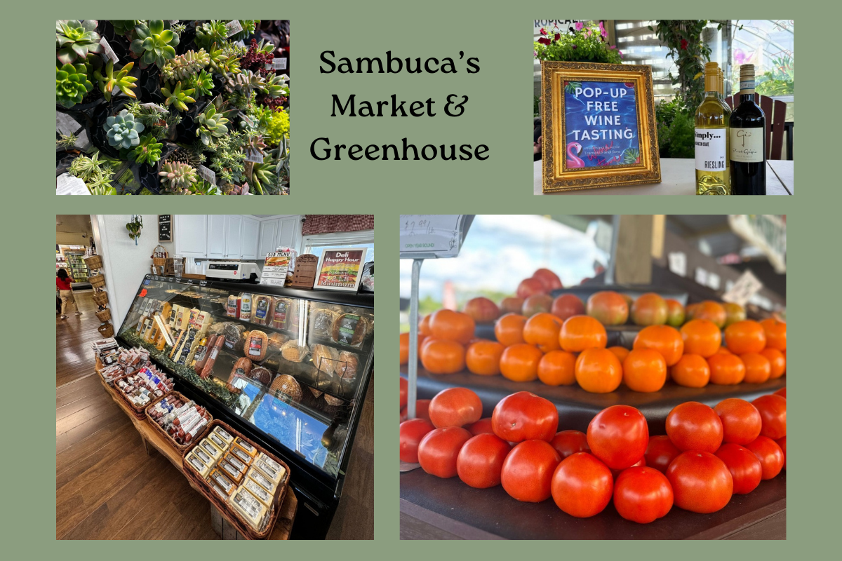 Collage for Sambuca's Market & Greenhouse in Galena, Ohio, featuring fresh tomatoes, succulents, a deli case, and wine tasting.