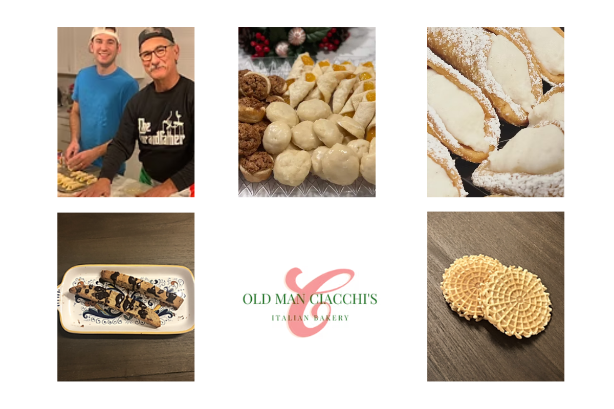 Photo collage for Old Man Ciacchi's Italian Bakery featuring cannoli, pizzelles, and the bakers.