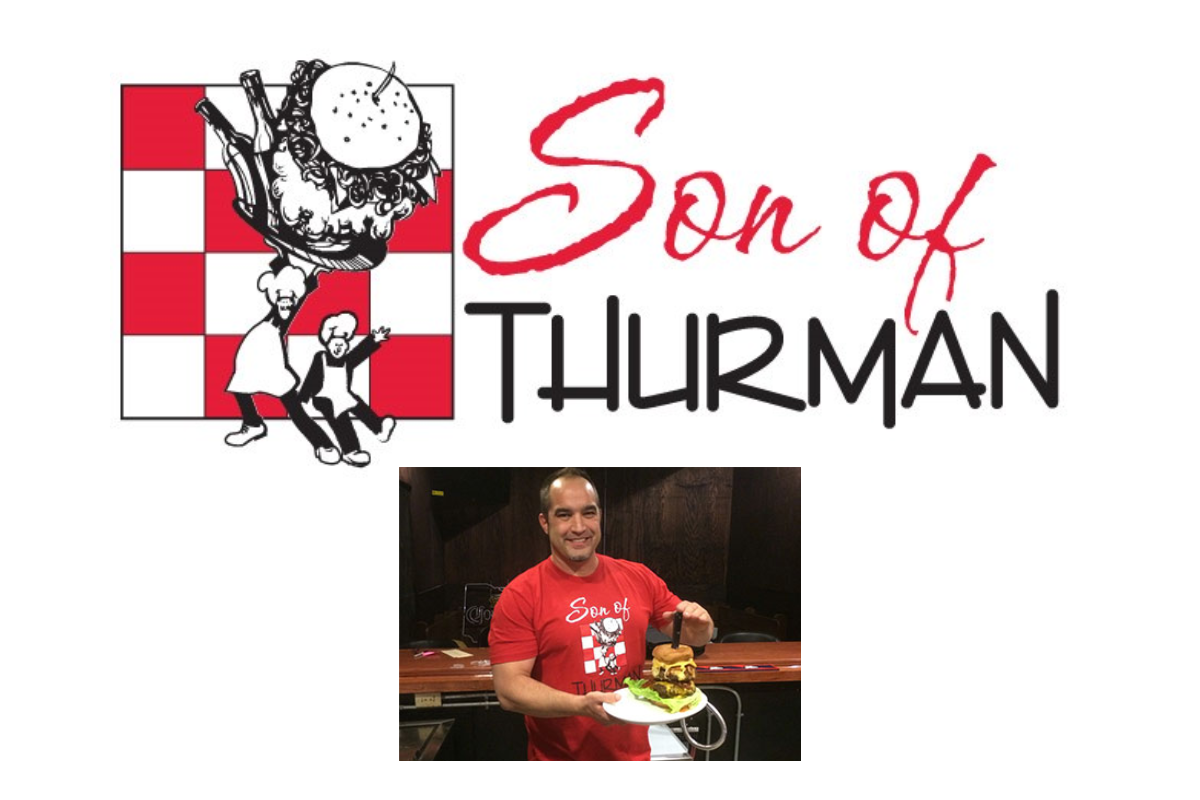 Son of Thurman logo and a man in a red shirt holding a massive, multi-patty specialty burger in Galena, Ohio.