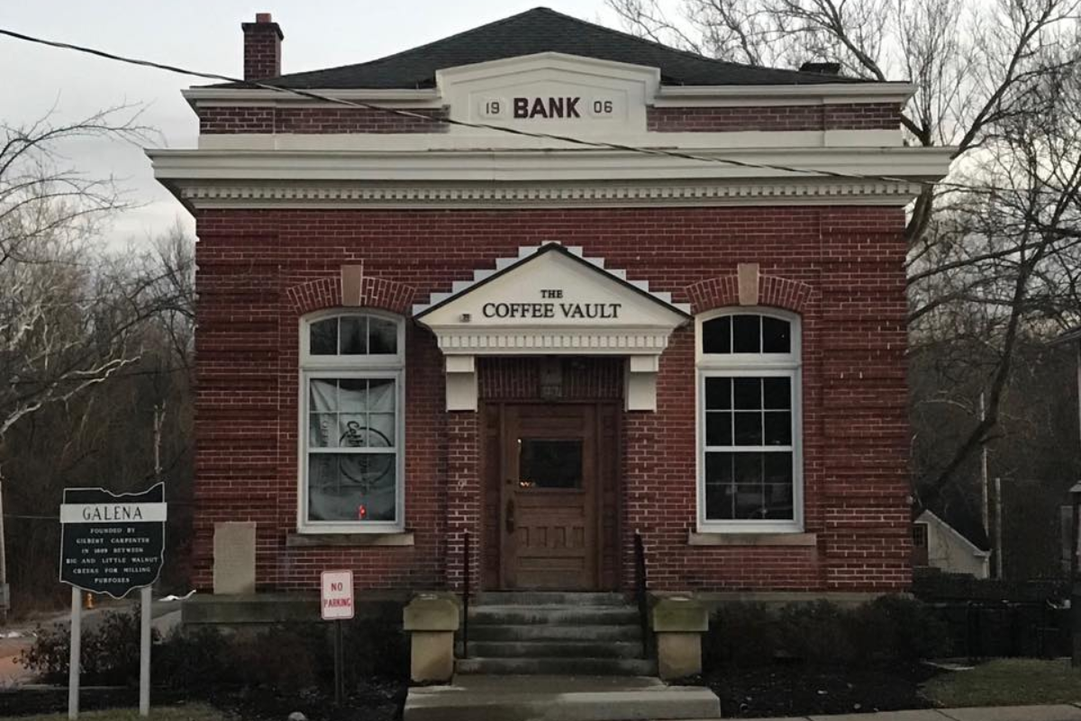 Exterior of The Coffee Vault in Galena, Ohio, housed in a historic 1905 brick bank building.