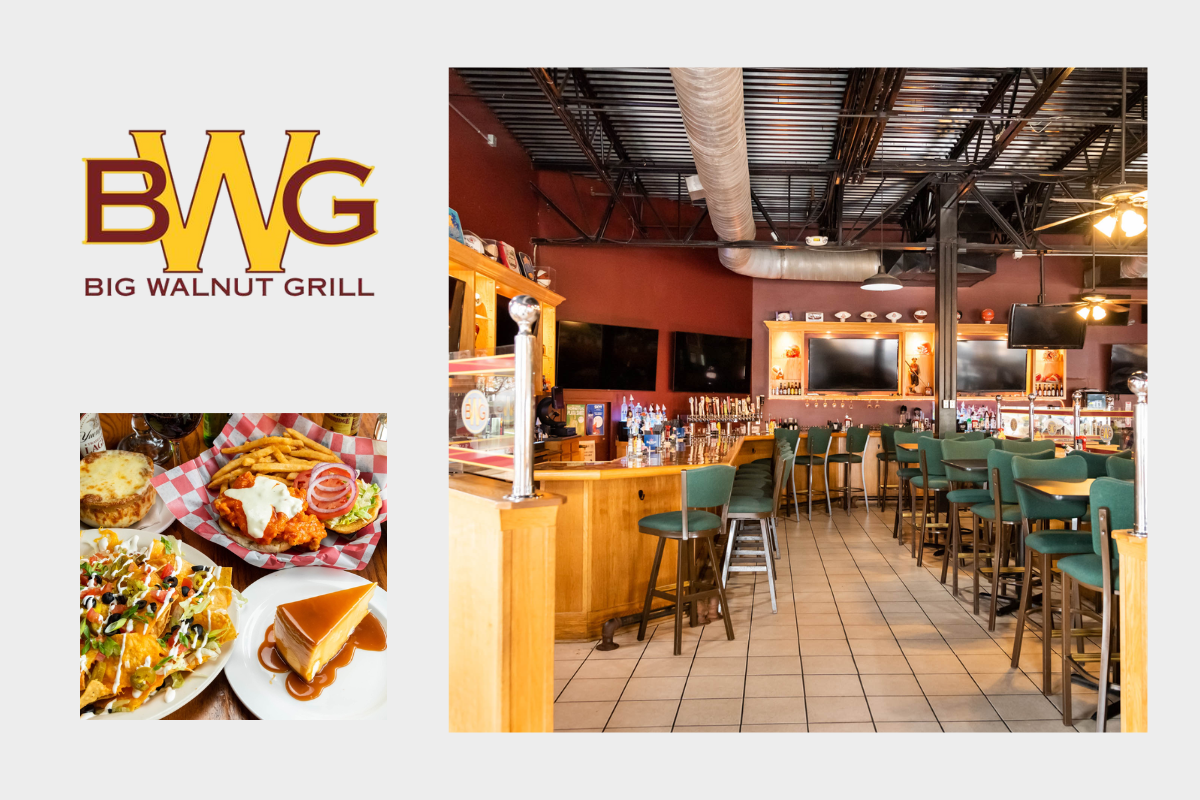 Interior and food collage for Big Walnut Grill in Sunbury, Ohio, showing the bar area, nachos, and a burger.
