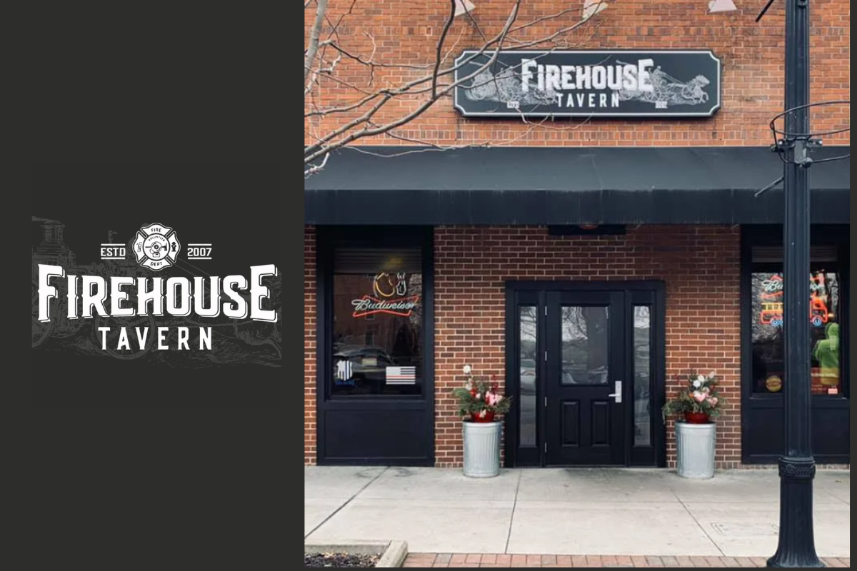 Front entrance of Firehouse Tavern, a brick building with a black awning and official logo.
