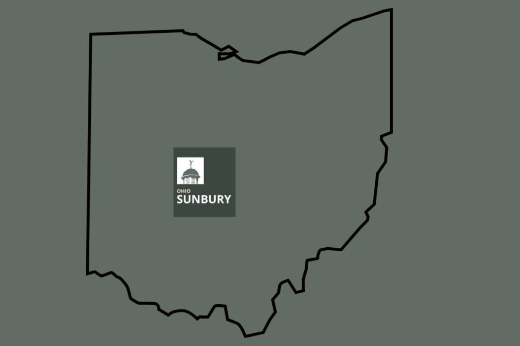 Map of Ohio highlighting the location of Sunbury with the city logo.