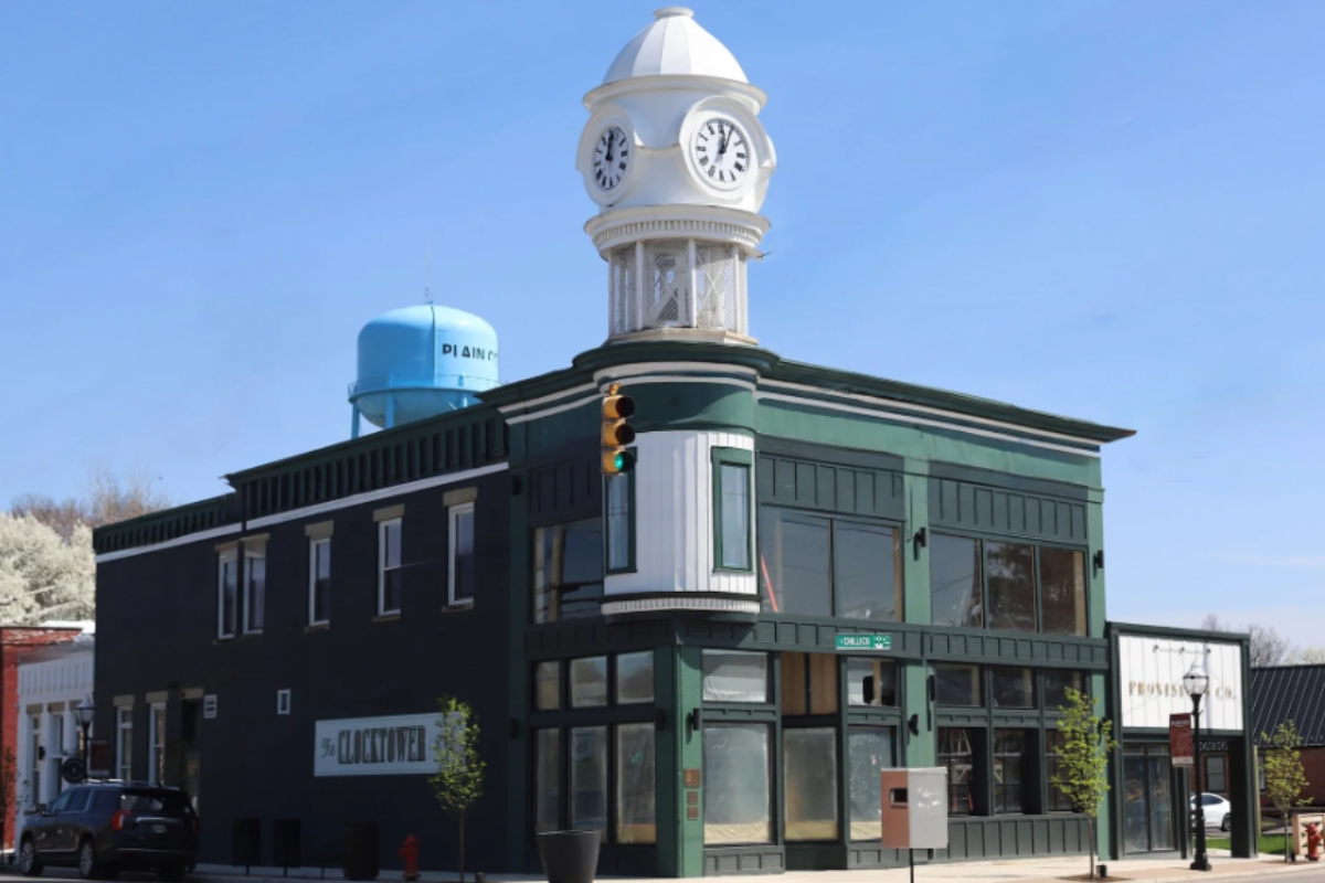 The historic Clocktower Restaurant building in Plain City, OH featuring its iconic white clock tower.