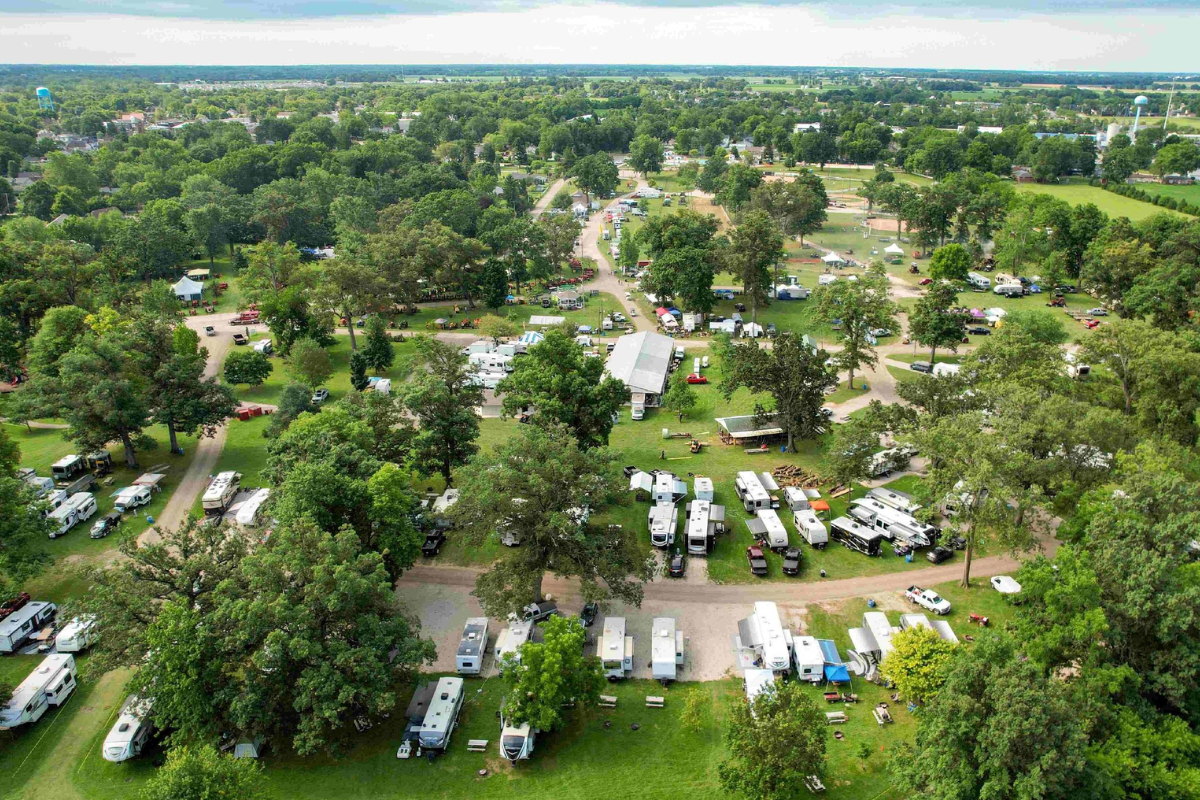 Aerial view of the campground and wooded areas at Pastime Park.