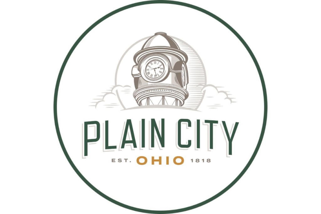 Official logo of Plain City, Ohio featuring a historic clock tower.
